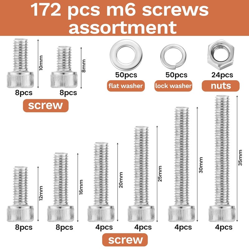 Hapric 172 Pcs M6 Screws Assortment Kit, M6x 8/10/12/16/20/25/30/35mm M6 Bolts Kit, 304 Stainless Steel Hex Socket Head Screws Nuts Bolts and Washers Set - Image 2